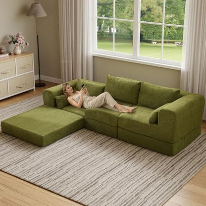 106" Chenille Folding Convertible Sleeper Sofa Bed, Green Pull Out Floor Modular Couch with Pillow, Memory Foam Boneless Couchs Sectional for Living Room Bedroom (3, Green)