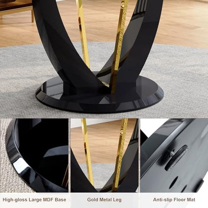 Round Faux Marble Dining Table Set for 4, Modern 42" Temepred Glass Tabletop with Black Glossy Pedestal, 5 Piece Circle Kitchen Table Set with 4 Upholstered Chairs