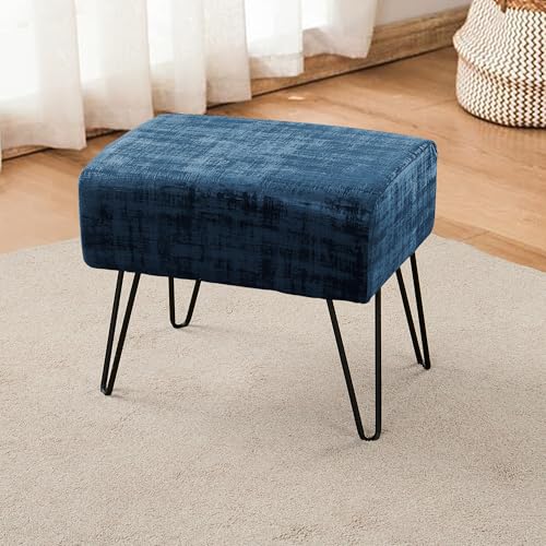 Majolica Blue Fuzzy Velvet Ottoman, 19" Rectangular Foot Rest Stool for Living Room, Small Space Entryway Bench Shoes for Bedroom End of Bed, Decorative Makeup Stool for Adults