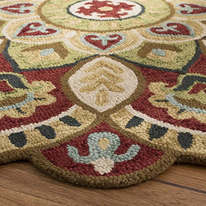 SAFAVIEH Novelty Collection Area Rug - 4' Round, Red & Taupe, Handmade Boho Floral Rustic Country Wool, Ideal for High Traffic Areas in Living Room, Bedroom (NOV604Q)