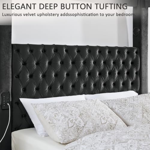 Queen Size Canopy Bed Frame with Velvet Headboard, Charging Port, view 7