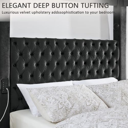 Queen Size Canopy Bed Frame with Velvet Headboard, Charging Port, view 7