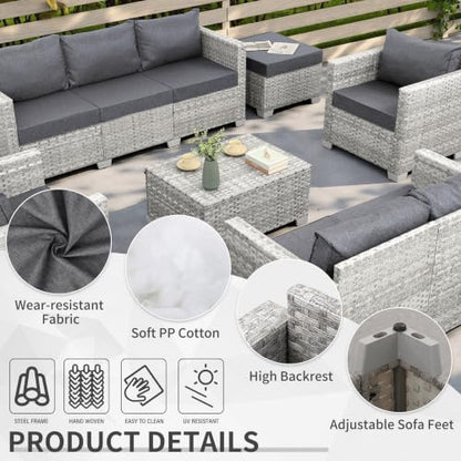 Patio Furniture Set 7 Piece Grey Wicker Outdoor Conversation Sets PE Rattan Sectional Sofa with Storage Coffee Table and Anti-Slip Grey Cushion