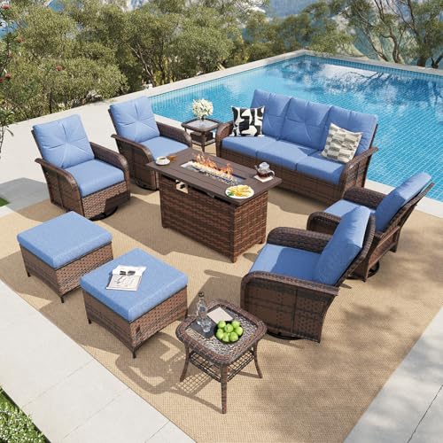 12 Piece Outdoor Patio Furniture Set with 44'' Fire Pit Table, Wicker Rattan Outdoor Furniture with High Back Swivel Rocker Chairs, Outdoor Sofa Set with Thick Cushion & Ottoman, Navy Blue
