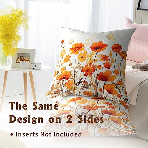 Fall Wildflowers Decorative Pillow Covers 18x18 Inch Set of 2,Thanksgiving Autumn Kitchen Home Decor, Orange Flower Throw Pillows Case,Farmhouse Square Cushion Covers for Sofa Bed Couch