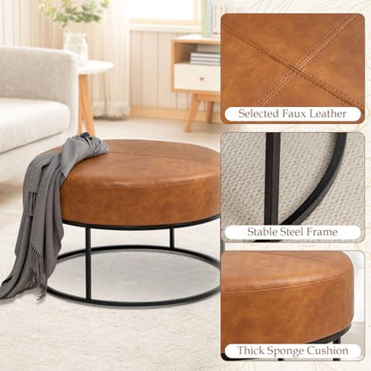 Modern Round Coffee Table, Farmhouse Ottoman for Living Room, Large Vintage Faux Leather Coffee Tables with Leather Upholstered Padded Seat [Round, Vintage Brown, 30'']