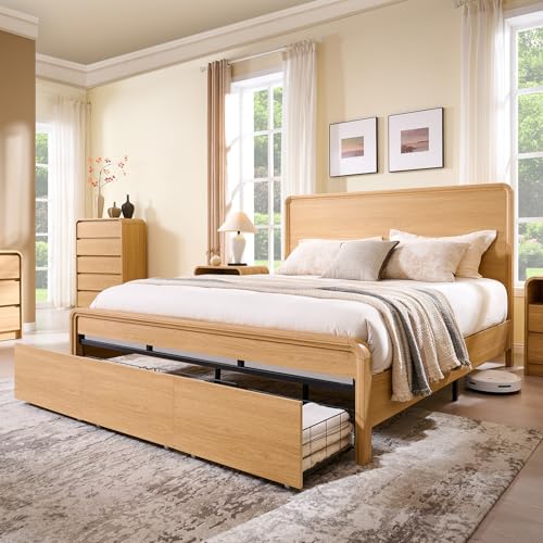 Modern King Size Bed Frame with 50" Tall Headboard, Natural Oak, view 2