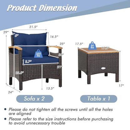 3-Piece Patio Furniture Set, Patiojoy Outdoor Rattan Sofa Set with Coffee Table, Patio Conversation Set with Removable Cushion, Cozy Acacia Wood Armrests for Backyard, Poolside (Navy)
