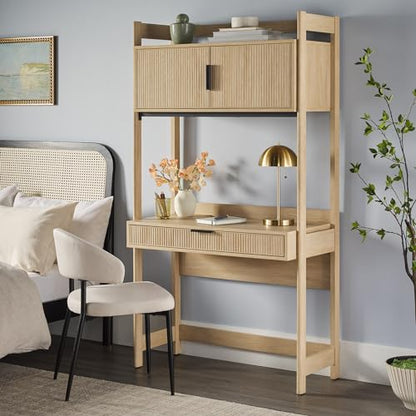 Modern Transitional Interior Design Reeded Desk with Hutch and Drawers, Built-in Tech, Desk with Cord Management, Storage for Small Living Spaces, 38”W x 19”D x 70”H, Coastal Oak