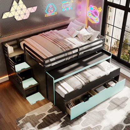 Full XL Loft Bed with Pull-Out Desk and Twin Trundle, 2 Storage Drawers and Storage Steps, Space-Saving Gaming & Workstation Bed Frame with Safety Guardrails for Kids Teens (Black+Blue/Full XL,80)