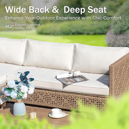 Outdoor Sectional Couch, Wicker Patio Furniture Set with Acacia Wood Coffee Table, L-Shape Small Outdoor Conversation Corner Sofa Set for Deck Porch, Beige