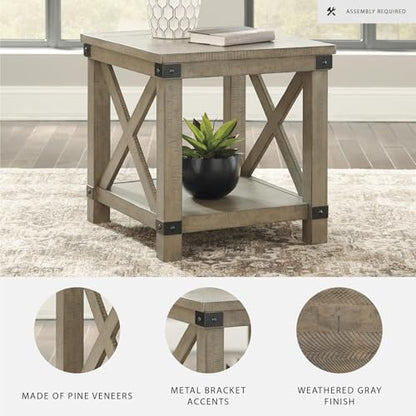 Signature Design by Ashley Aldwin Casual Farmhouse Rectangular End Table with Crossbuck Details, Metal Bracket Accents, Wood, 25" High, Weathered Gray