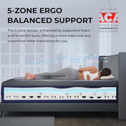 CoolNest 14 Inch King Size Mattress, Cooling King Memory Foam Mattress for Cool Night Sleep, 5-Zone Ergo Support for Pressure Relief, Medium, CertiPUR-US Certified