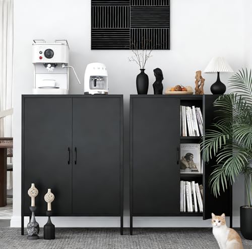 Metal Locker Cabinet, Black Storage Cabinets with 2 Doors and Adjustable Shelves, 3 Tier Modern Storage Freestanding Sideboard for Living Room,School,Office Home Kitchen and Coffee Bar