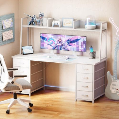 54 Inch Desk with Hutch and 8 Fabric Drawers, White, view 3