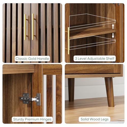 Buffet Cabinet with Storage Walnut Sideboard with Grille Doors&Adjustable Shelf, Wood Coffee Bar Storage Cabinet for Kitchen Living Room Entryway (31.5 Inch)