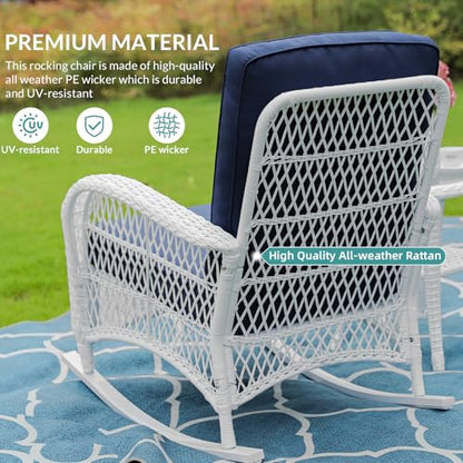 3 Pieces Patio Conversation Set, Rattan Outdoor Rocking Patio Bistro Set with 2 Rockers and 1 Side Table with 4" Thick Cushions, Outdoor Furniture Set for Porch Backyard, White Wicker/Navy