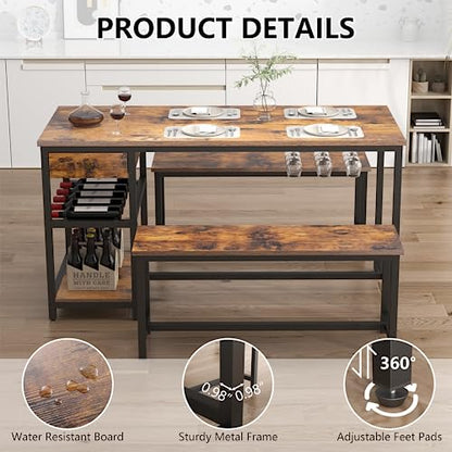 Dining Table Set for 4-6 People, 54.7" Kitchen Dinner Table with 2 Bench, Dining Room Tables Set with Storage Drawer & Shelf, 3-Piece Breakfast Nook Tables with Wine Rack &Glass Holder (Rustic)