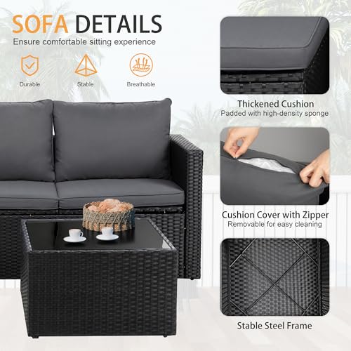4 Pieces Patio Furniture Set, 2-in-1 Convertible Sectional Sofa & Chaise Lounge, All-Weather Wicker Rattan Sofa Couch with Cushions & Coffee Table for Yard, Garden, Porch, Poolside (Gray)