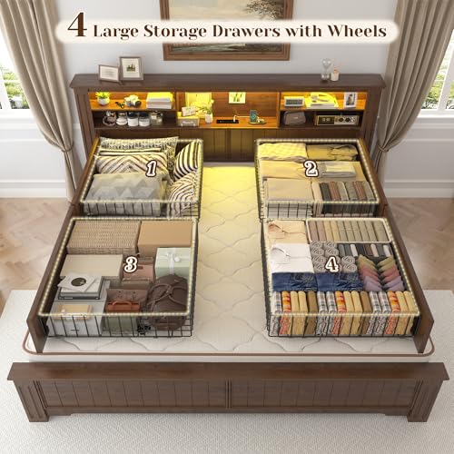 King Size Bed Frame and Headboard & Storage,4 Drawers,Brown, view 6