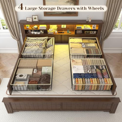 King Size Bed Frame and Headboard & Storage,4 Drawers,Brown, view 6