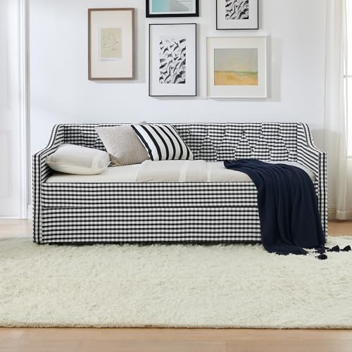 JIVOIT Twin‑Size Upholstered Daybed with Pull‑Out Trundle, Upholstered Convertible Daybed with Side Storage, Tufted Button Backrest & Padded Armrests, Perfect for Compact Living (Black-Twin,32)