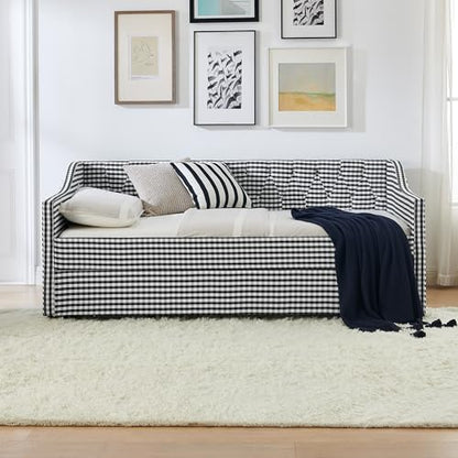 JIVOIT Twin‑Size Upholstered Daybed with Pull‑Out Trundle, Upholstered Convertible Daybed with Side Storage, Tufted Button Backrest & Padded Armrests, Perfect for Compact Living (Black-Twin,32)