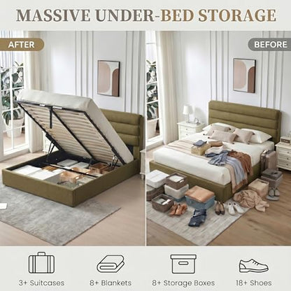 Queen Size Lift Up Storage Bed with Linen Headboard, Green, view 7