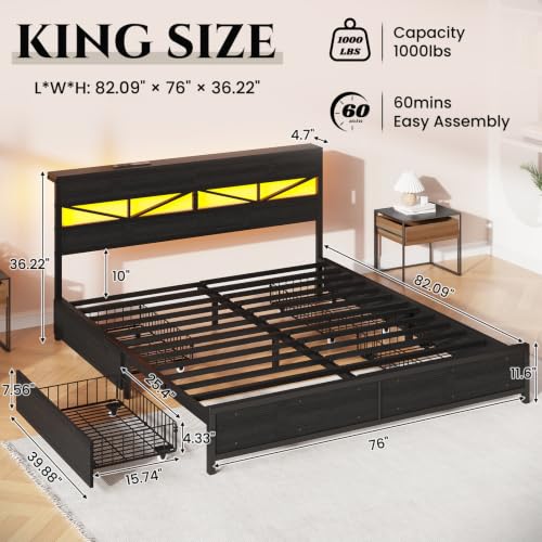 King Size Bed Frame with Storage Headboard and Charging Station, Black, view 4