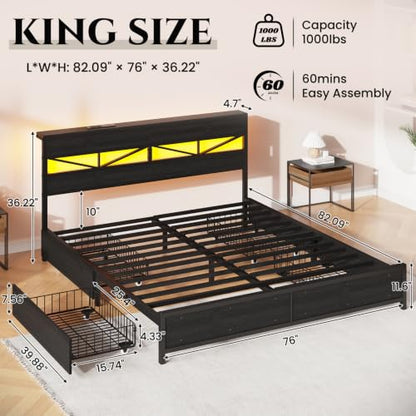 King Size Bed Frame with Storage Headboard and Charging Station, Black, view 4