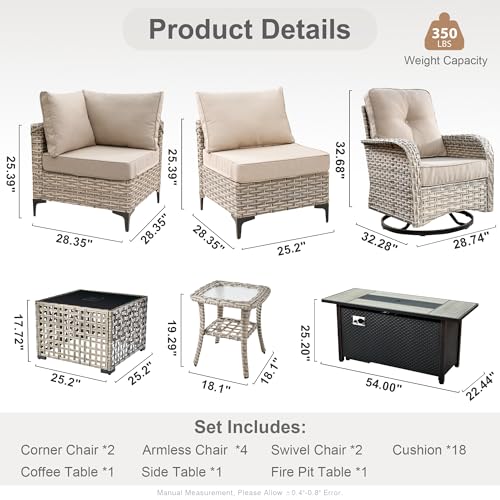 Outdoor Patio Furniture Set with Fire Pit Table,11 Pieces Wicker Out Door Sectional Furniture L Shaped Couch,Outside Patio Conversation Sets Swivel Chair,Beige