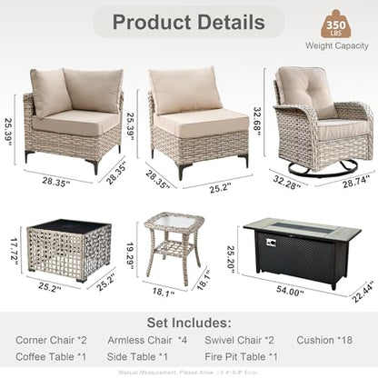 Outdoor Patio Furniture Set with Fire Pit Table,11 Pieces Wicker Out Door Sectional Furniture L Shaped Couch,Outside Patio Conversation Sets Swivel Chair,Beige