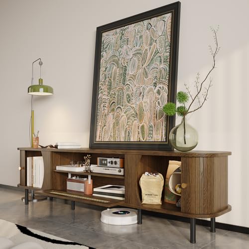 71" Fluted TV Stand with Sliding Doors, TV Consoles for Living Room, Walnut, view 5