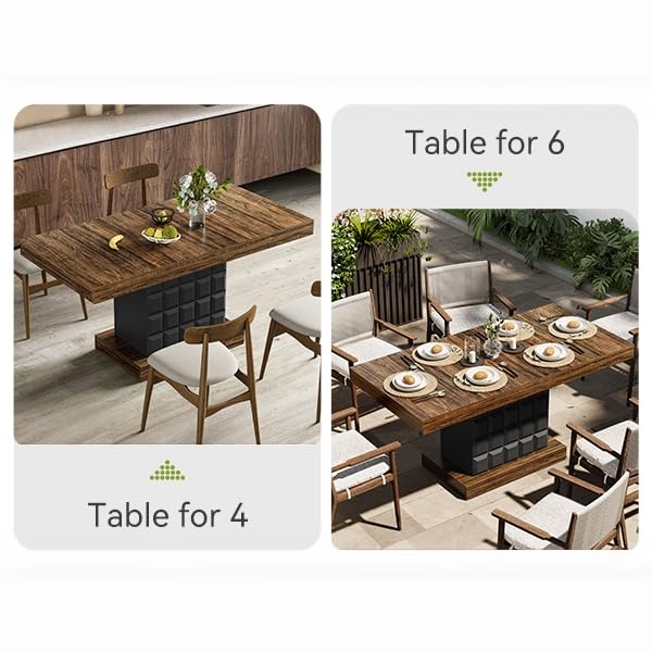 63" Modern Dining Table, Rectangular Dinner Table for 4-6, Farmhouse Kitchen Table, Sturdy Wood Pedestal Base for Kitchen/Dining Room, Rustic Brown & Black