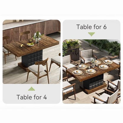 63" Modern Dining Table, Rectangular Dinner Table for 4-6, Farmhouse Kitchen Table, Sturdy Wood Pedestal Base for Kitchen/Dining Room, Rustic Brown & Black