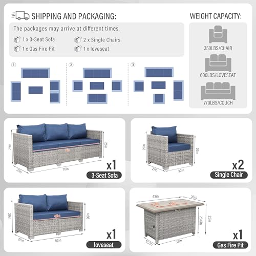 Patio Furniture Set 5 Piece Outdoor Furniture with Fire Pit Table, Grey Wicker Sectional Sofa Couch Sets Backyard Deep Seating PE Rattan Chairs with Navy Blue Cushion