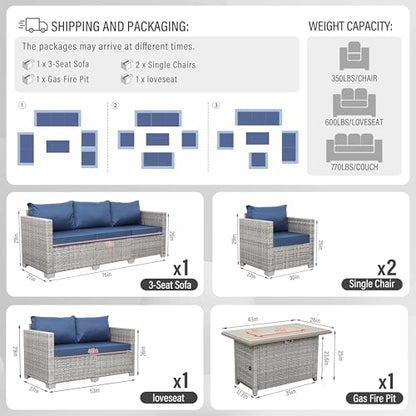 Patio Furniture Set 5 Piece Outdoor Furniture with Fire Pit Table, Grey Wicker Sectional Sofa Couch Sets Backyard Deep Seating PE Rattan Chairs with Navy Blue Cushion