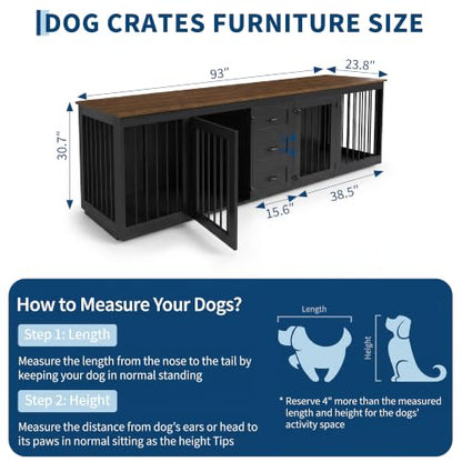 92.8" Double Dog Crate Furniture with 3 Drawers, Dog Kennel Indoor, view 4