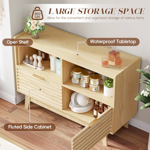 Fluted Buffet Sideboard Oak, Modern Storage Cabinet w/Cord Cutout, view 5