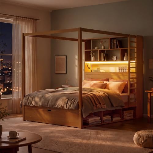 Full Size Wooden Canopy Bed Frame with Bookcase Headboard, Walnut, view 4