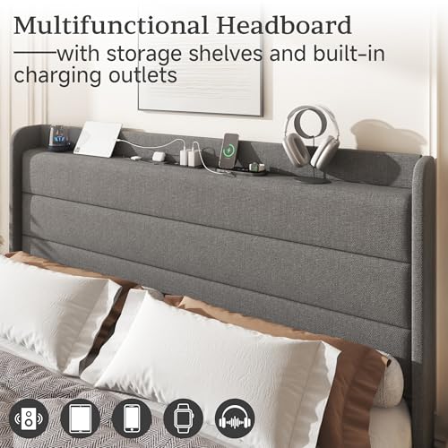 King Linen Multifunctional Bed with Charging Station & Storage Headboard, view 5