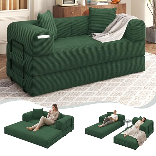 80" Convertible Sofa Bed, 5 in 1 Modular Boneless Couch Sleeper Sofa Bed with Fixed Frame & Removable Backrest Pillow, Washable Corduroy Futon Sofa Bed Couch in a Box for Small Spaces, Dark Green