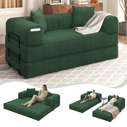 80" Convertible Sofa Bed, 5 in 1 Modular Boneless Couch Sleeper Sofa Bed with Fixed Frame & Removable Backrest Pillow, Washable Corduroy Futon Sofa Bed Couch in a Box for Small Spaces, Dark Green