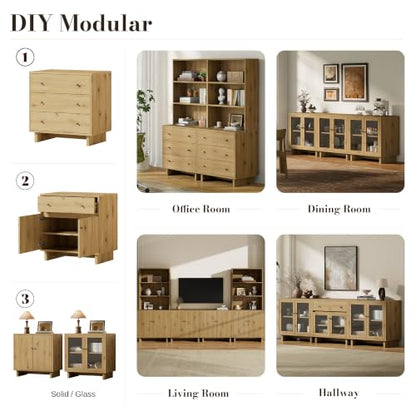 63" Storage Cabinet, Modular Sideboard Buffet Cabinet with Glass Doors-Oak, view 4