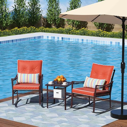Outdoor Rocking Chairs 3 Pieces Patio Conversation Front Porch Furniture, Wicker Rocking Chairs Bistro Set with Coffee Table and Cushions for Garden and Balcony, Orange