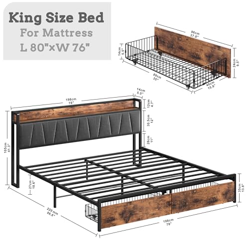 King Size Bed Frame with 2 Drawers and Charging Station, view 3