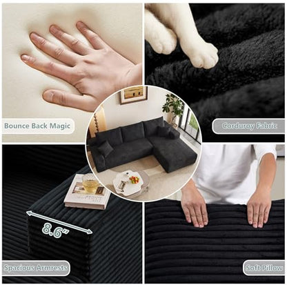 Modular Sectional Sofa Cloud Sectional Couch, 95" Comfy Fluffy L-Shaped Couches for Living Room, Deep Seat Memory Foam Plush Corduroy Boneless Couch Sectionals No Assembly (Black,Right-Facing Chaise)