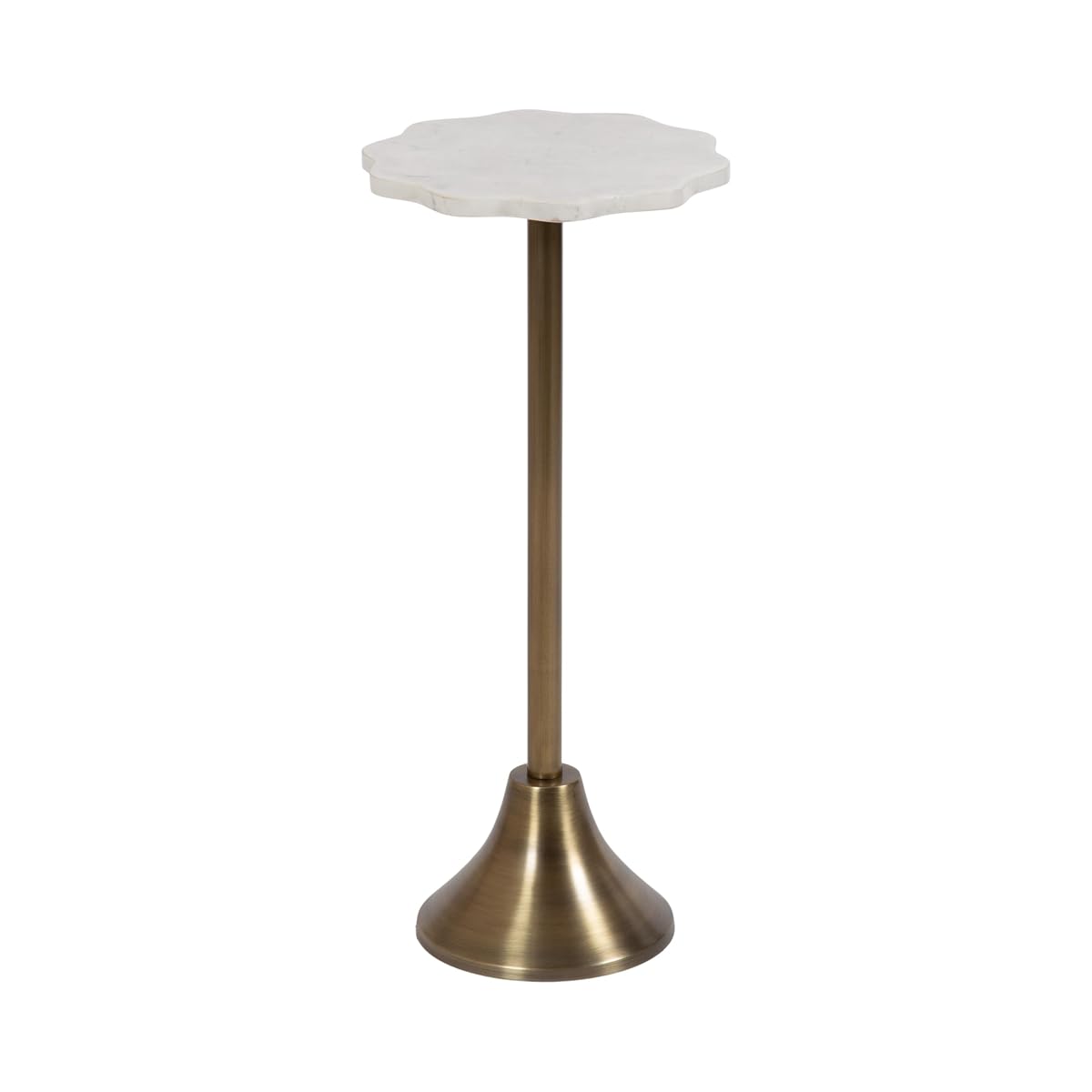 Sanzo Modern Pedestal Drink Table; 10 x 10 x 23; Antique Brass and White; Decorative End Table with Scalloped Marble Tabletop for Use as Small Plant Stand or Cute Martini Table