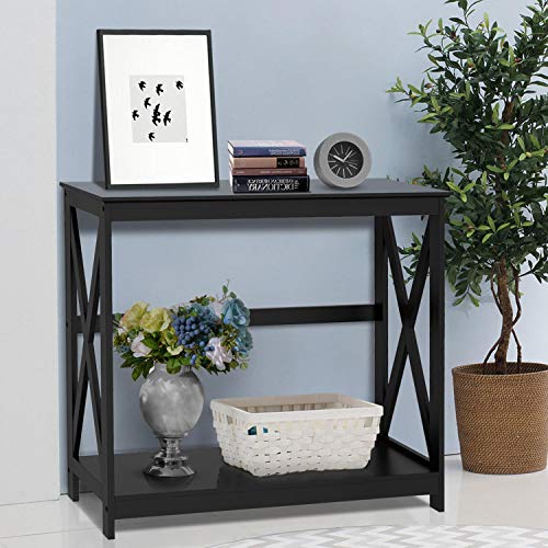 Black two tier X design console table with storage shelf, view 3