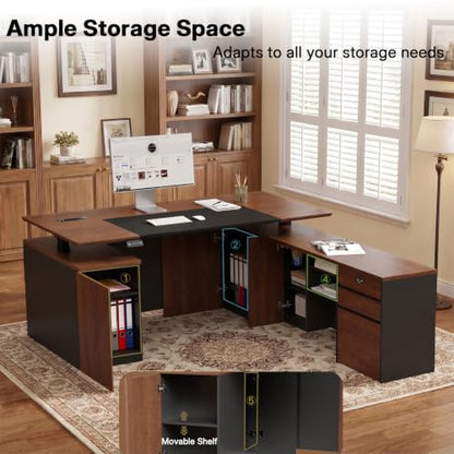 71" L Shaped Executive Standing Desk with File Cabinet, Power Outlet & USB, view 5